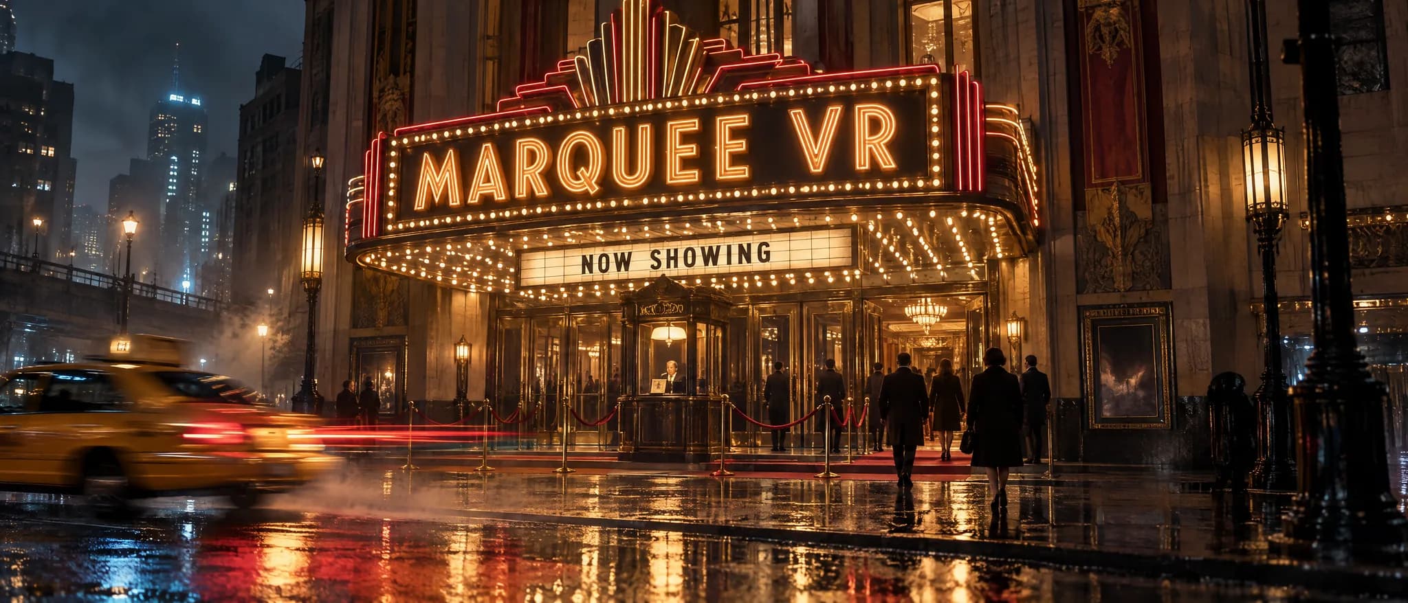The Marquee VR movie palace at night, marquee lit, doors open